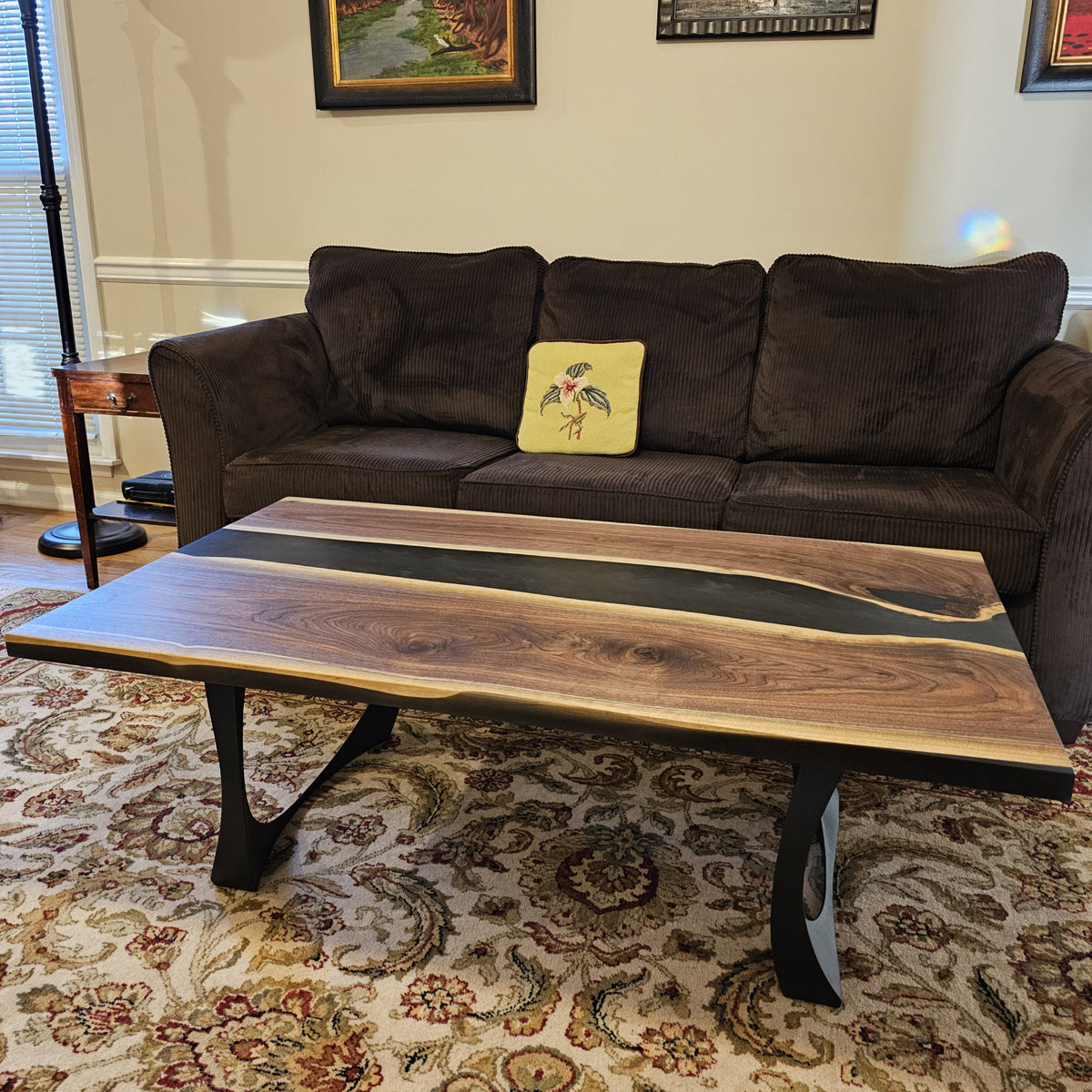 Live-Edge Black Walnut and Gray Epoxy Coffee Table with Elegant Metal ...