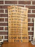 Love Never Fails Wooden Sign with Epoxy Inlay