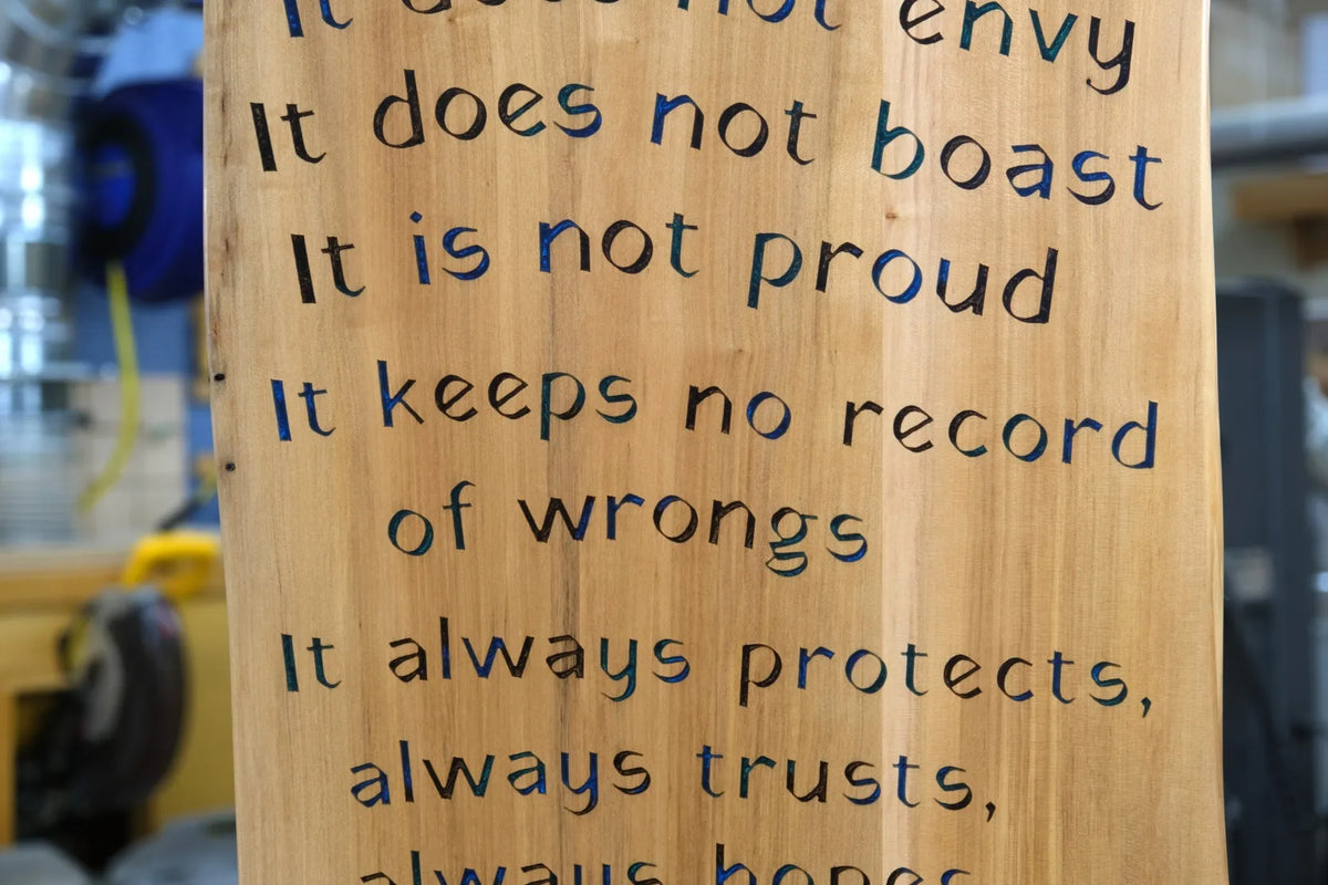 Love Never Fails Wooden Sign with Epoxy Inlay