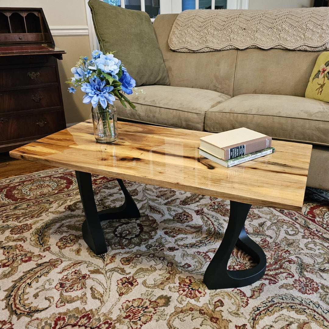 Coffee Table from Reclaimed Oak Beam with Elegant Metal Legs